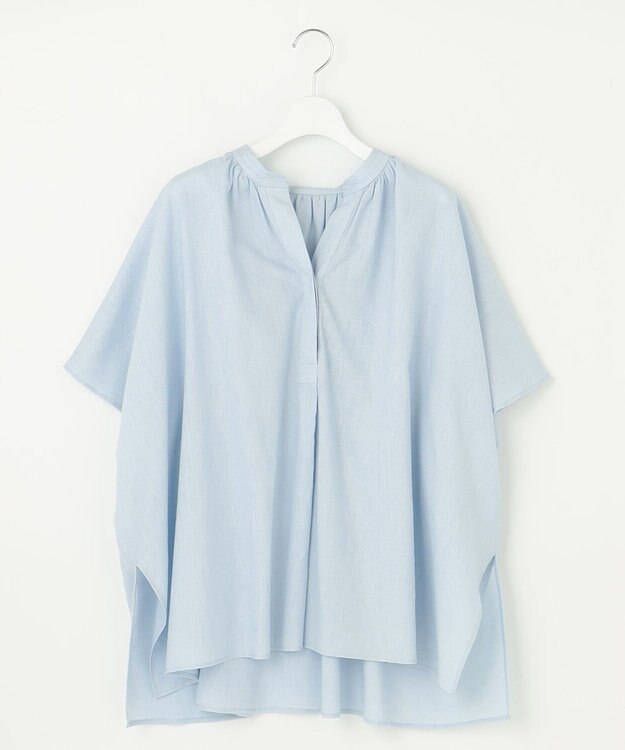 UNFILO 【洗える】リネンレーヨン　スキッパーシャツ アイスブルー