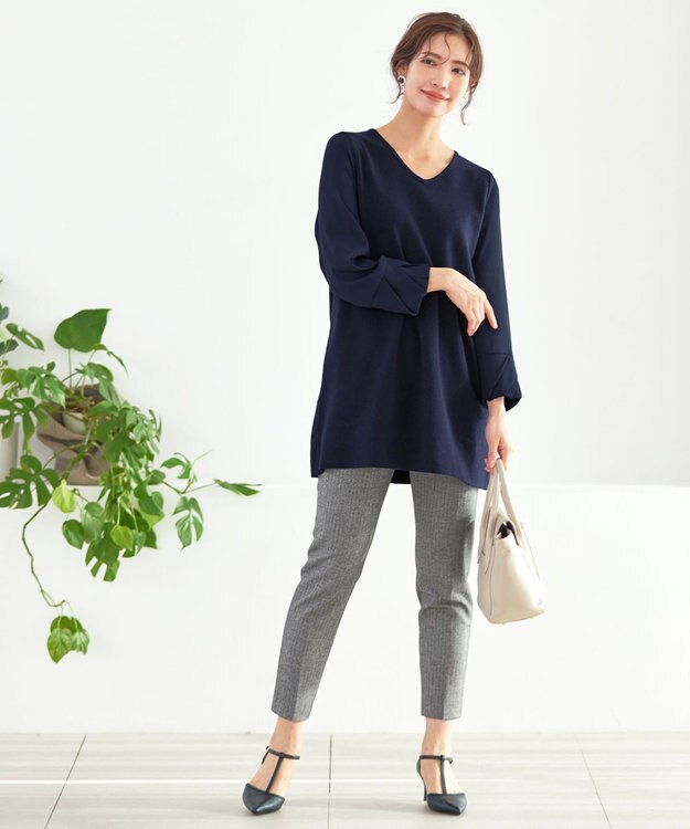 Tiaclasse 【洗える】タック袖コンビニットチュニック ネイビー