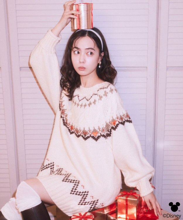 earth music&ecology 【予約】Disney/ミッキー刺繍ノルディックニットチュニック アイボリー