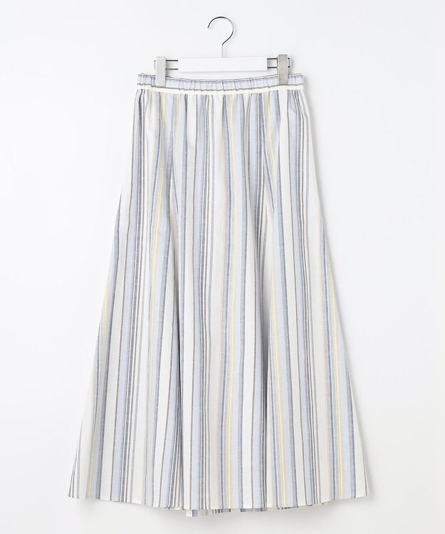 J.PRESS LADIES L リネンMIX ストライプ フレア スカート ブルーマルチ系