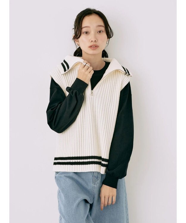 earth music&ecology ハーフジップニットベスト Ivory