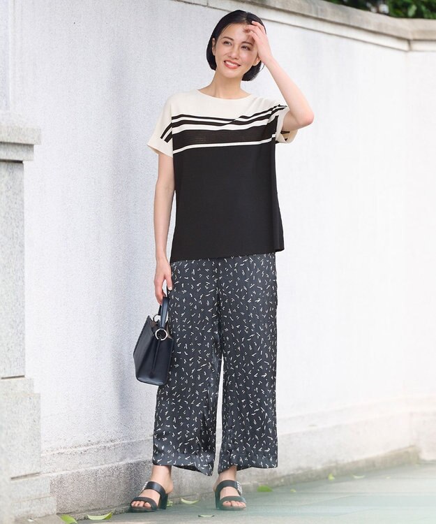 自由区 【洗える】クレープストレッチブロッキングボーダー ニット ネイビー系1