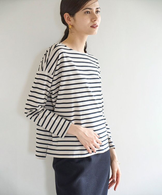 UNFILO 【洗える】ボーダーワイドTシャツ グレージュ×ブラックボーダー