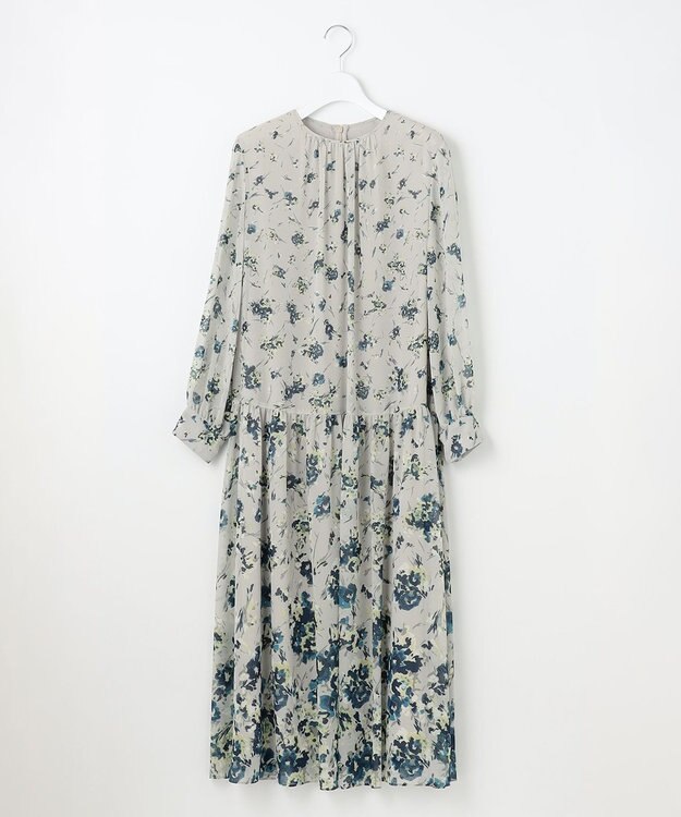 自由区 【洗える】オータムダリアプリント ワンピース ブルーグレー系