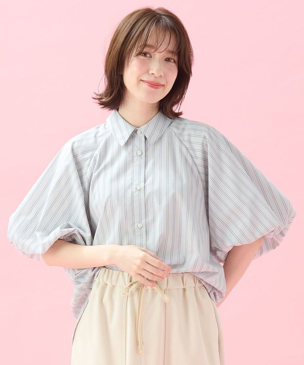 ANY 【接触冷感/UVカット/抗菌防臭/速乾】エニイファンクション パフスリーブブラウス ブルーストライプ