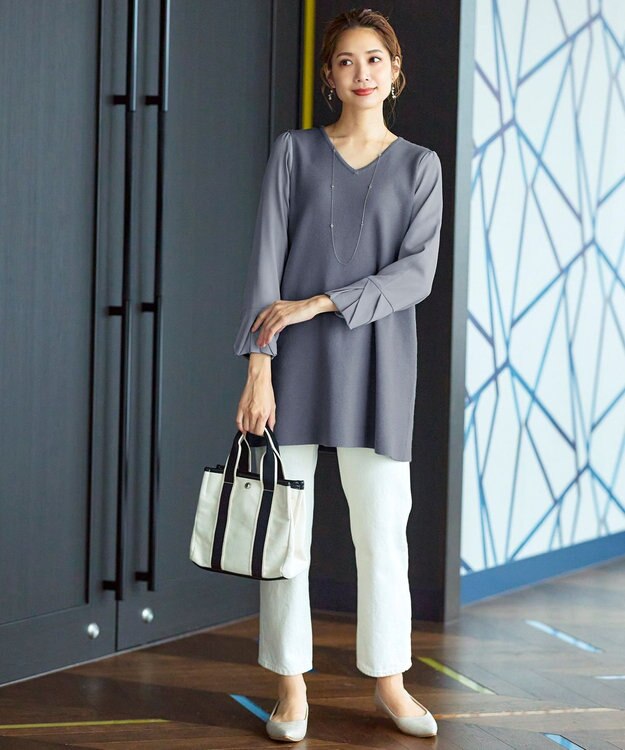 Tiaclasse 【洗える】タック袖コンビニットチュニック ブルー