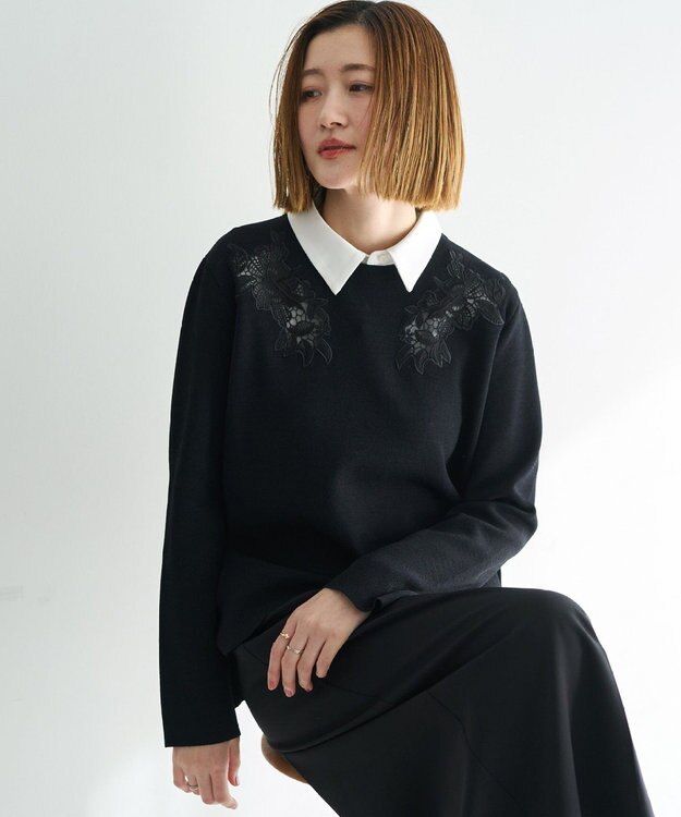 YECCA VECCA 2way襟付きレースニット Black