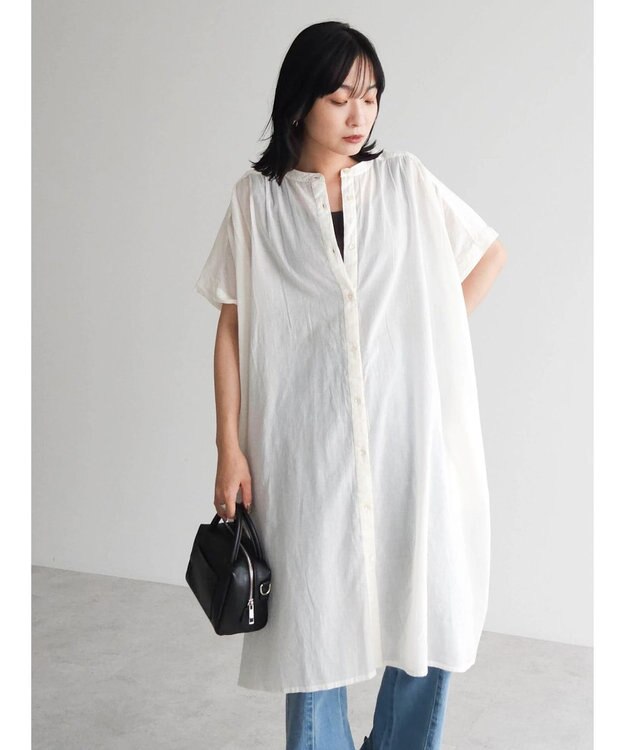 Green Parks インド綿 　ギャザー５分袖チュニック Off White