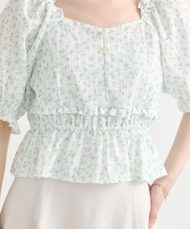 earth music&ecology フラワー刺繍フリルヘムブラウス Ivory