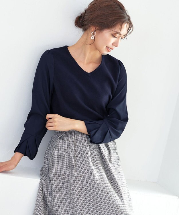 Tiaclasse 【洗える】タック袖コンビニットチュニック ネイビー