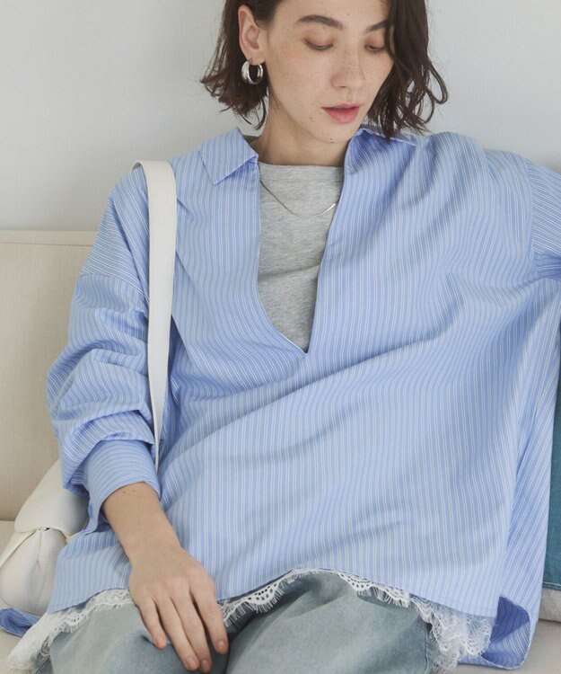 WEGO 【ANGIE VINTAGE】スキッパーシャツ ブルーストライプ