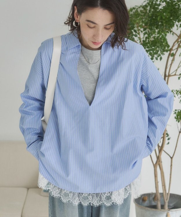WEGO 【ANGIE VINTAGE】スキッパーシャツ ブルーストライプ