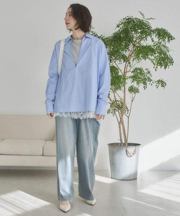 WEGO 【ANGIE VINTAGE】スキッパーシャツ ブルーストライプ