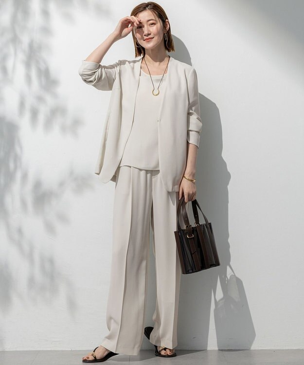 23区 S 【洗える/吸水速乾/UVカット/接触冷感】ストレッチジョーゼット ノーカラー ジャケット ベージュ系