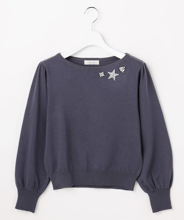 Feroux ブローチデザインニット プルオーバー ネイビー系