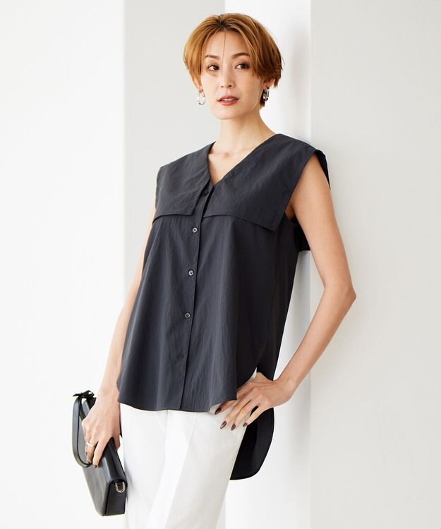 ICB L 【洗える】ヴィンテージスパンブロード ビックカラーブラウス グレー系