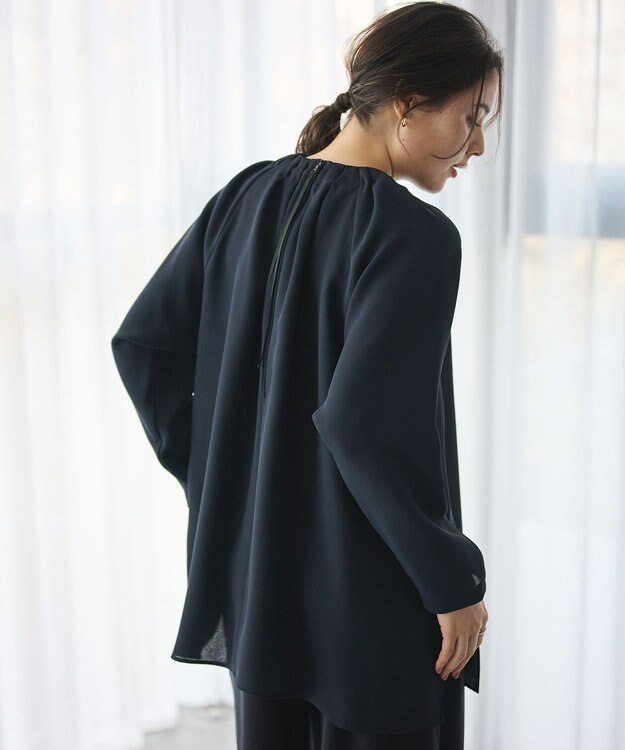 #Newans 【洗濯機可能】タックネックブラウス ネイビー