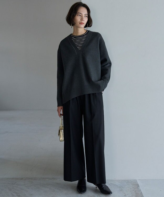 UNFILO コットンカシミヤ クルーネックカットソー ブラック×エクリュ