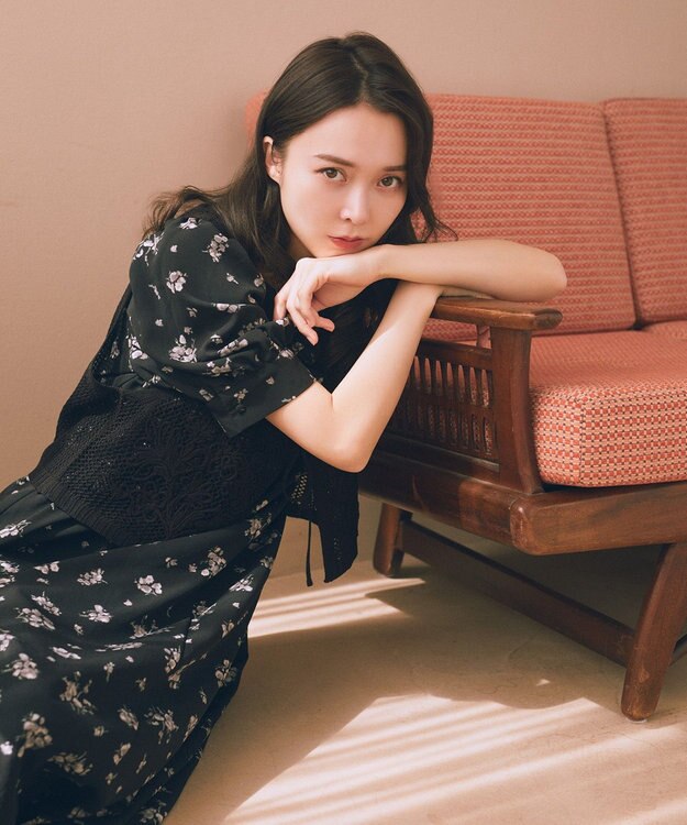 earth music&ecology レース切替フラワーロングワンピース Black