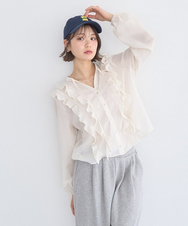 earth music&ecology フリルリボンブラウス Off White