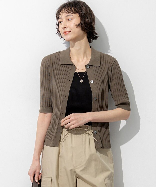 23区 【先行予約】ワイドリブ 五分袖 ポロニット ブラウン系