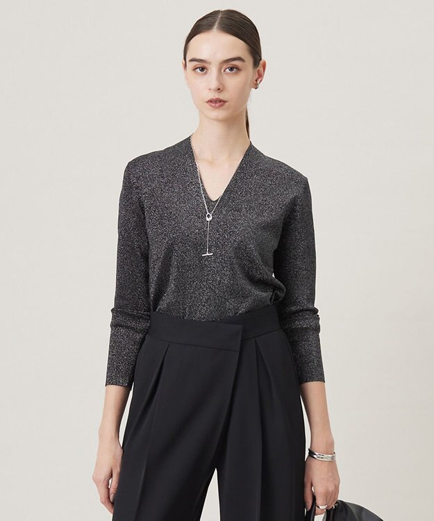 ICB 【洗える】 シンセティックフルニードル Vネックプルオーバー ブラックラメ系