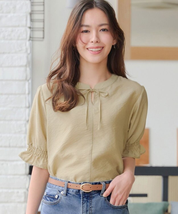 Tiaclasse 【洗える】シアーシャーリング2WAYブラウス ライム