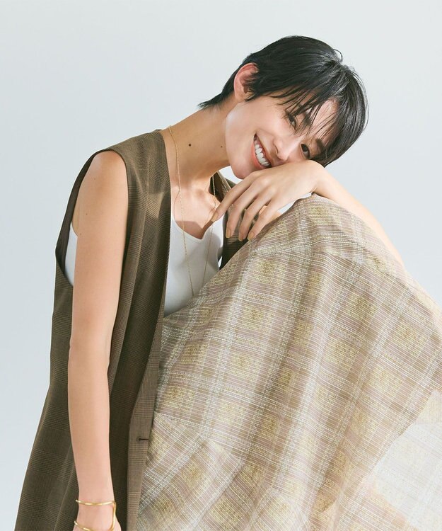 自由区 L 【洗える】グレンチェック ロングジレ ブラウン系3