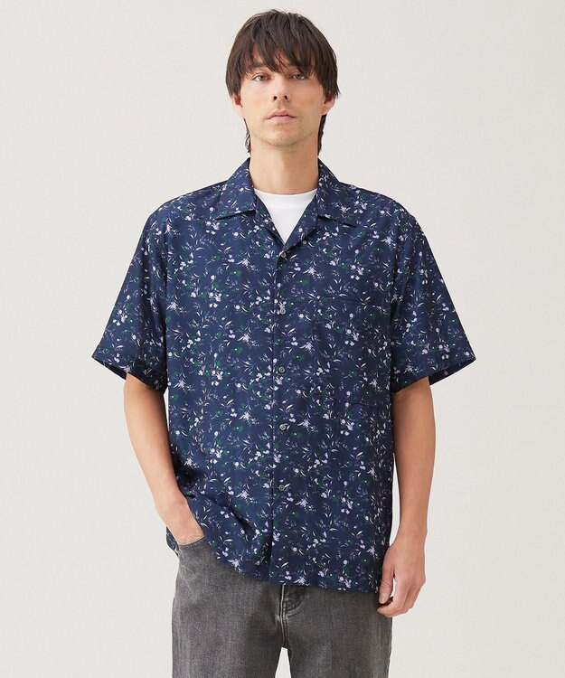 UNFILO MENS ボタニカルプリント オープンカラーシャツ【ギフトにもおすすめ】 ネイビープリント