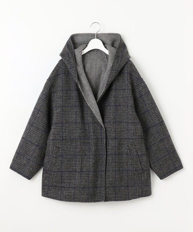 自由区 【リバーシブル】ウールリバー フード付きショートコート グレー系