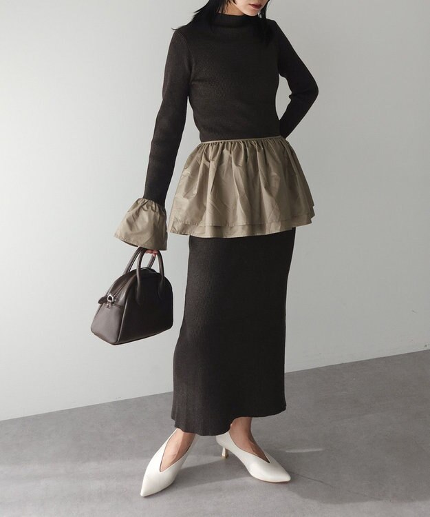 Green Parks フリルベルト付ニットワンピース Khaki