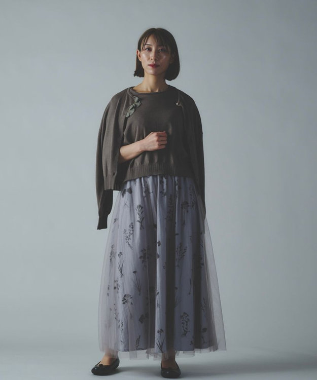 muuc 【植物の影絵プリント】チュールレイヤースカート ライトグレー