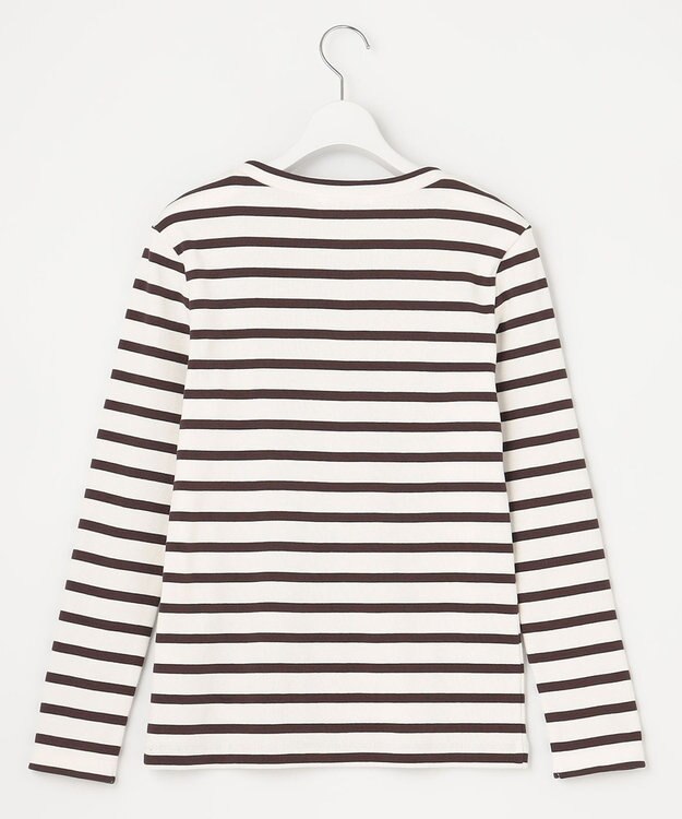 23区 L 【SLOW/洗える】ミドルフライスジャージー ロングTシャツ ホワイト×ダークブラウンボーダー