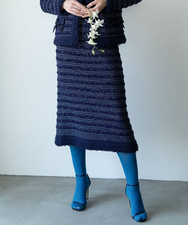 自由区 【カトリエムブーケ】Tweed melange フリンジスカート ネイビー系