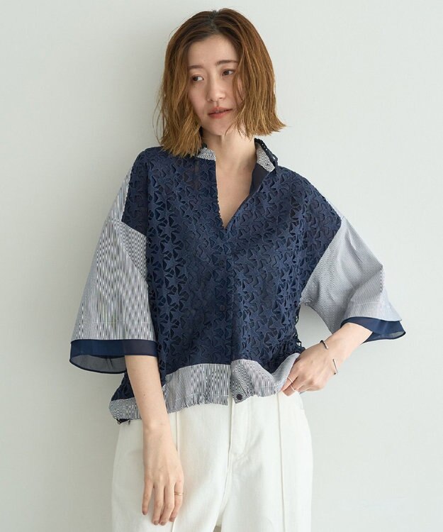 YECCA VECCA レースMIXレイヤードハーフスリーブシャツ Stripe