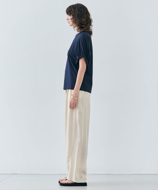 BEIGE， 【洗える】STOCK / オーガニックコットン半袖ギャザートップス Navy