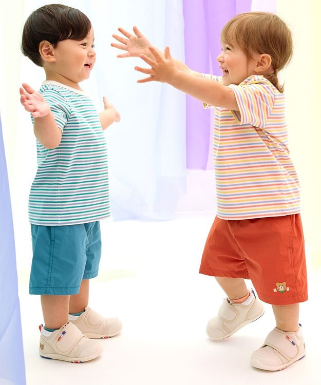 MIKI HOUSE HOT BISCUITS 【70-120cm】 みじんボーダー ワンポイント刺繍 半袖Tシャツ グリーン