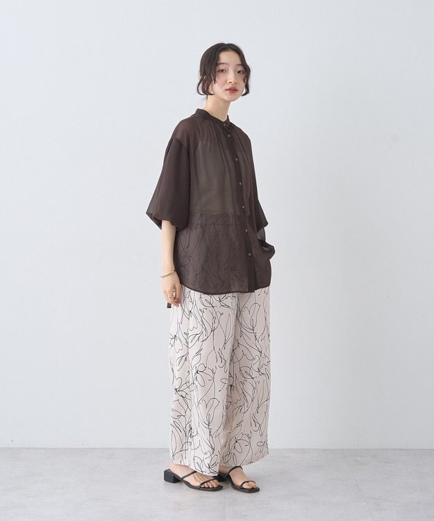 earth music&ecology バルーンスリーブシアーシャツ Brown