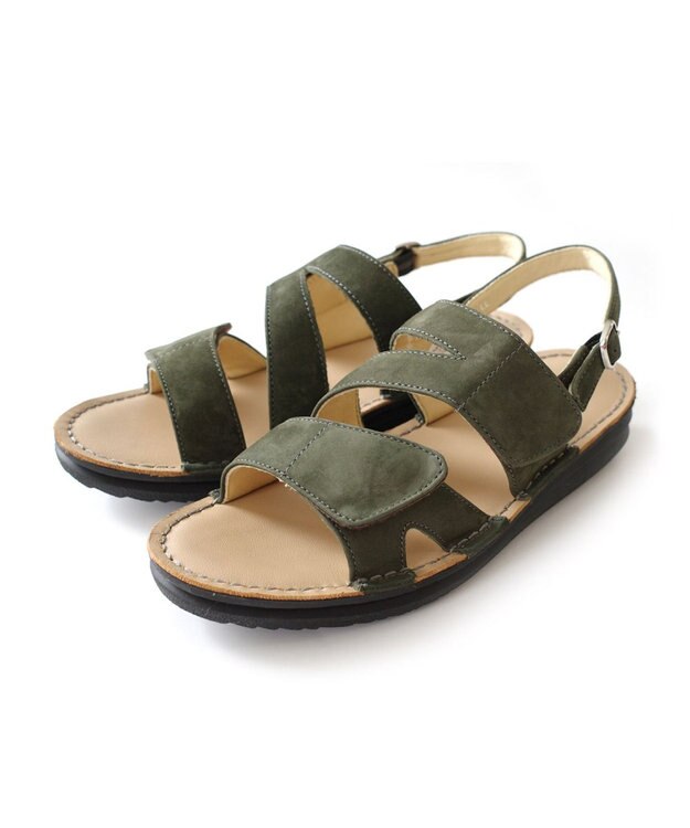 Pointer 本革 甲幅調整 マジックテープ付きサンダル カーキ(ヌバック)