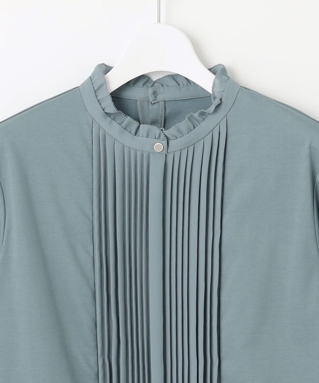 J.PRESS LADIES L プレーティングジャージー フリルネック カットソー グレイッシュグリーン系