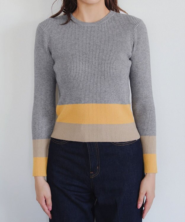 Tiaclasse 【洗える】マルチ配色ニットトップス グレー