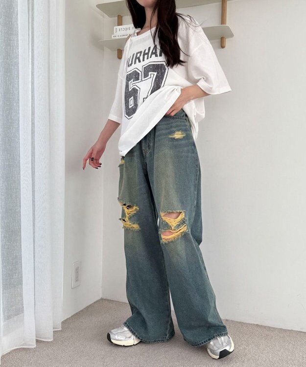 WEGO ダメージワイドデニムパンツ デニム中濃加工色