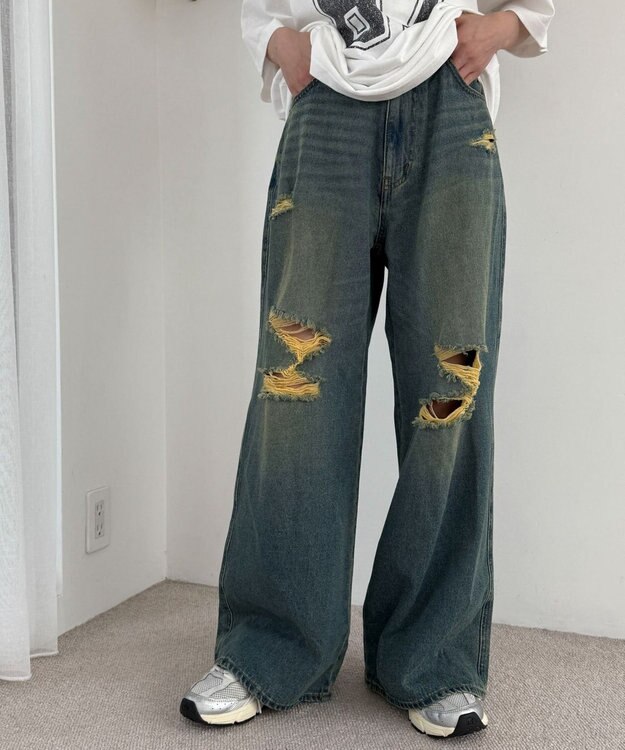 WEGO ダメージワイドデニムパンツ デニム中濃加工色