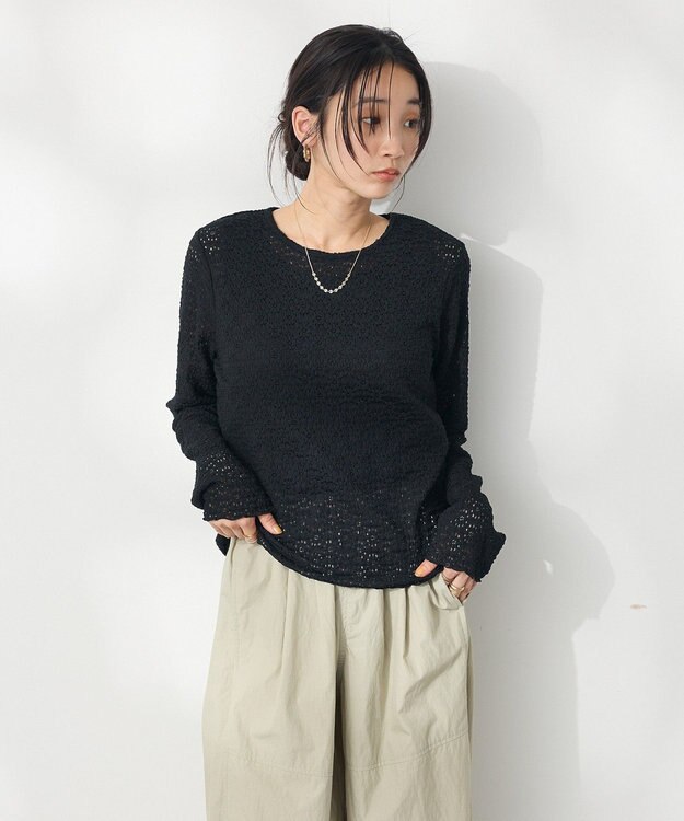 CRAFT STANDARD BOUTIQUE 花柄レースシャーリングプルオーバー Black