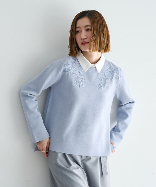 YECCA VECCA 2way襟付きレースニット Grayish Blue
