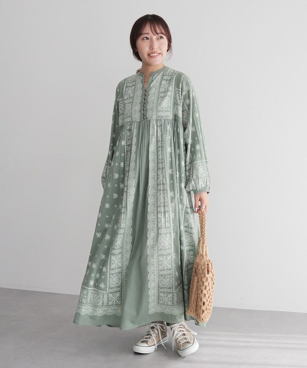 CRAFT STANDARD BOUTIQUE インド綿パネル柄ウエスト切り替えボリュームワンピース Light Green