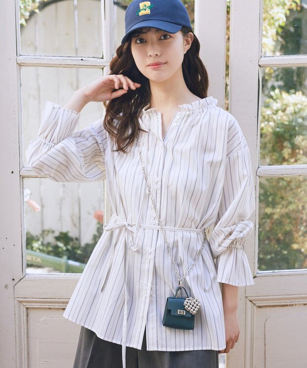 earth music&ecology 【イージーケア】TRキュプラダブルボタンフリルシャツ Stripe