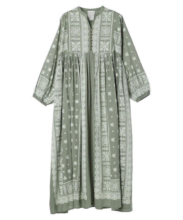 CRAFT STANDARD BOUTIQUE インド綿パネル柄ウエスト切り替えボリュームワンピース Light Green