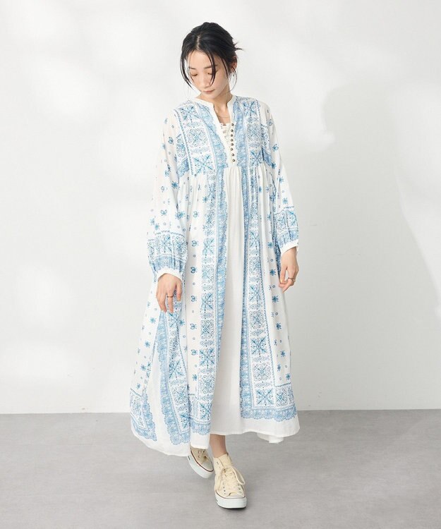 CRAFT STANDARD BOUTIQUE インド綿パネル柄ウエスト切り替えボリュームワンピース Blue