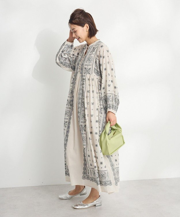 CRAFT STANDARD BOUTIQUE インド綿パネル柄ウエスト切り替えボリュームワンピース Light Beige